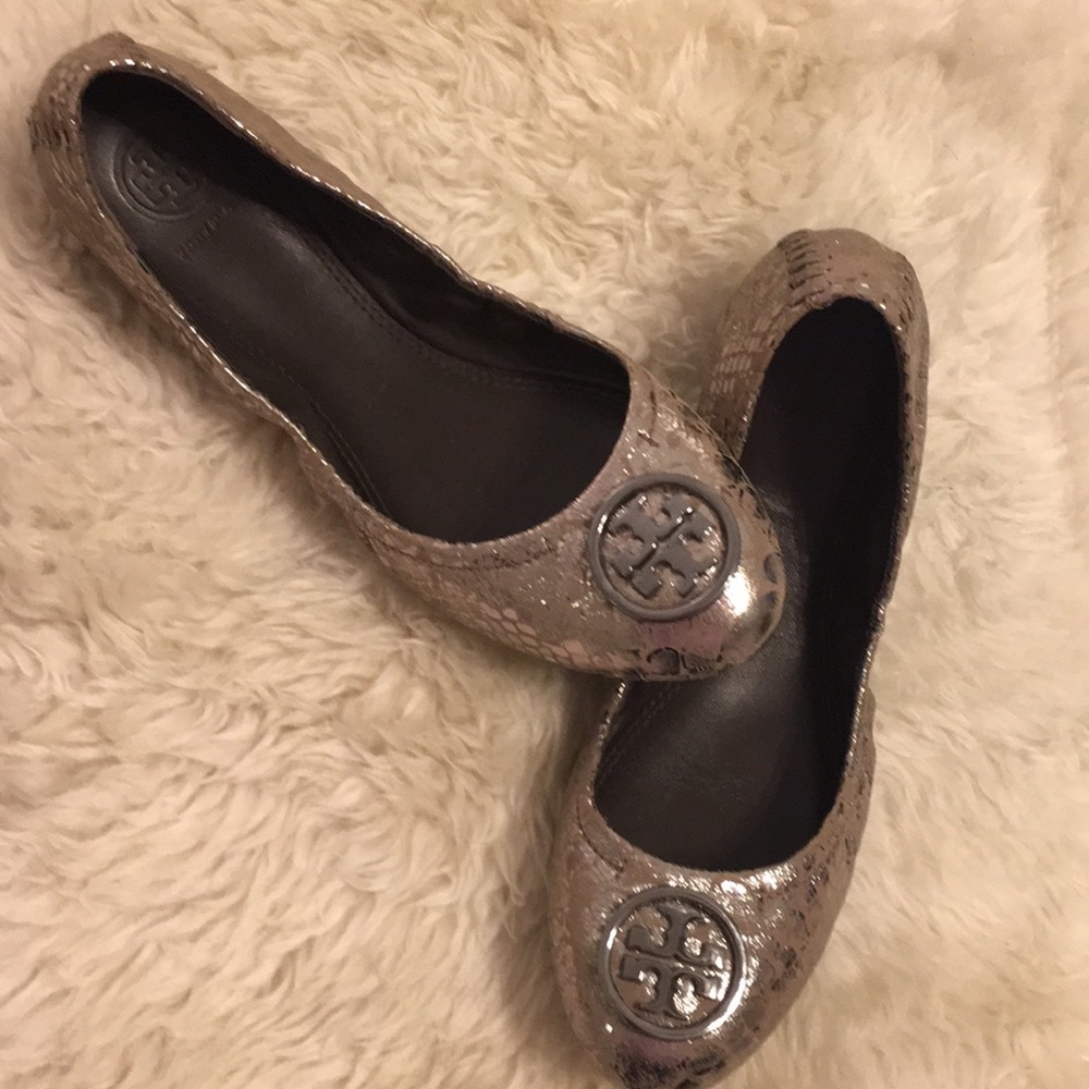 Tory Burch silver snakeskin ballet flats